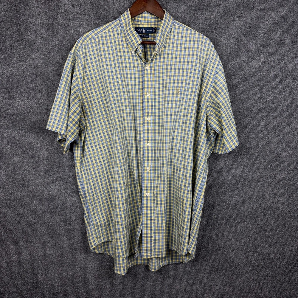 Vintage 90s Ralph Lauren Blake Shirt Mens XL Yellow Blue Plaid Short Sleeve - Picture 2 of 9